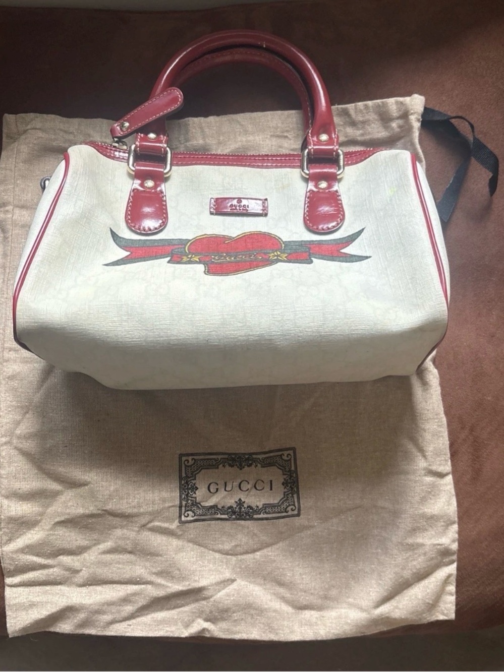 Gucci Cream Canvas Tote with Red Heart and Trim